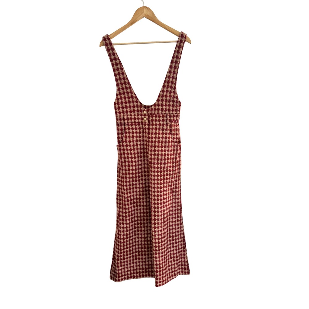 Storia Red Houndstooth Tweed Wide Leg Jumpsuit Overalls Small NWT
